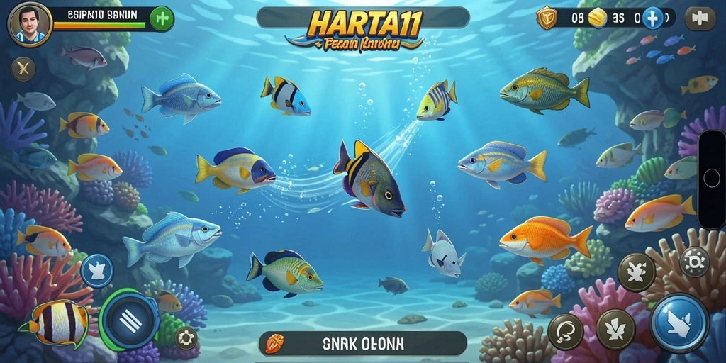 Screenshot gameplay HARTA11 menampilkan keseruan menembak ikan yang berwarna-warni.