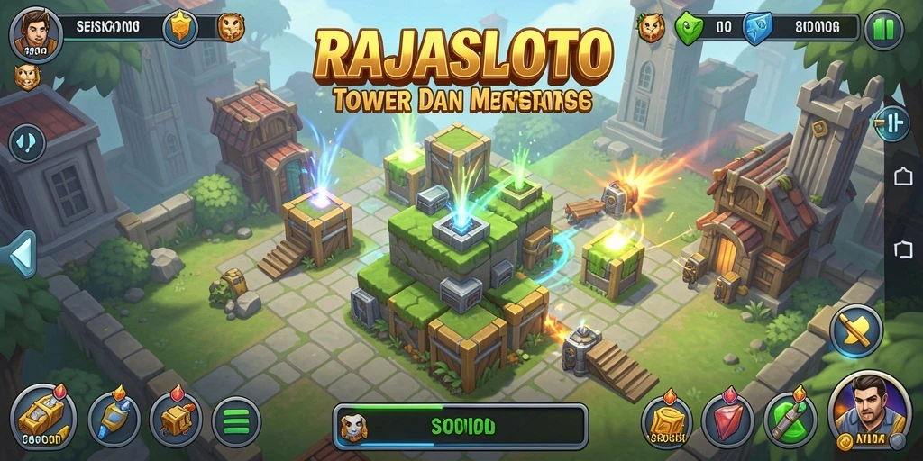 Gameplay seru RAJASLOTO dengan menara dan musuh yang menantang.
